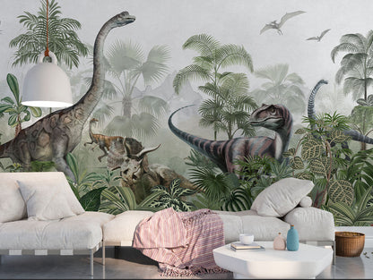 Jurassic Wilderness Mural Wallpaper in living room