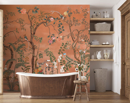 Whimsical Birdsong Mural Wallpaper in bathroom