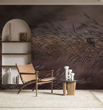 Moonlit Reeds & Cranes Mural Wallpaper in living room