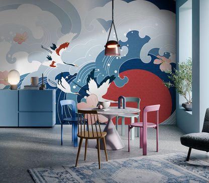 Cherry Blossoms and Ocean Waves Mural Wallpaper in dining room