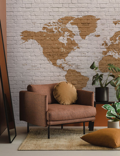 World Map Brick Wall Wallpaper in living room