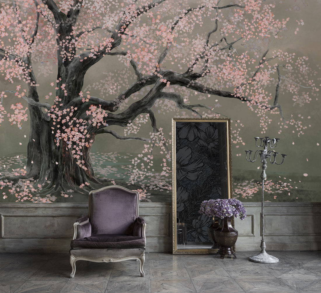 Blossoming Cherry Tree Mural Wallpaper in living room