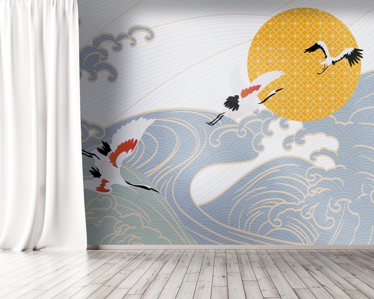 Golden Sun and Waves Mural Wallpaper