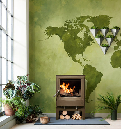 Green World Map Wallpaper Mural in living room