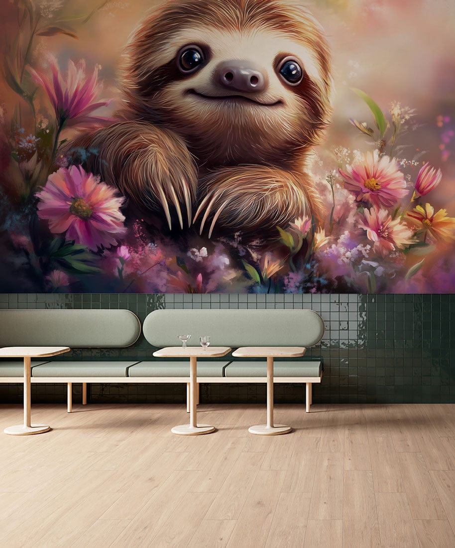 Dreamy Sloth Blossom Mural Wallpaper