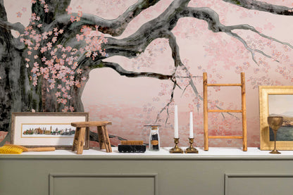 Serene Cherry Blossom Mural Wallpaper in living room