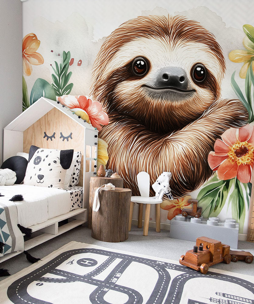 Gentle Sloth Blossom Mural Wallpaper