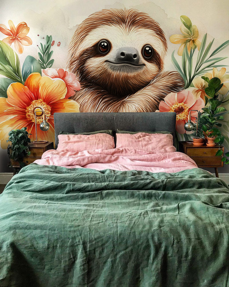 Gentle Sloth Blossom Mural Wallpaper