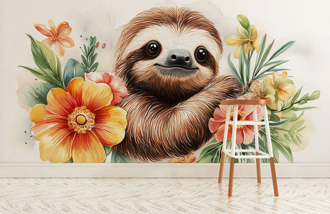 Gentle Sloth Blossom Mural Wallpaper