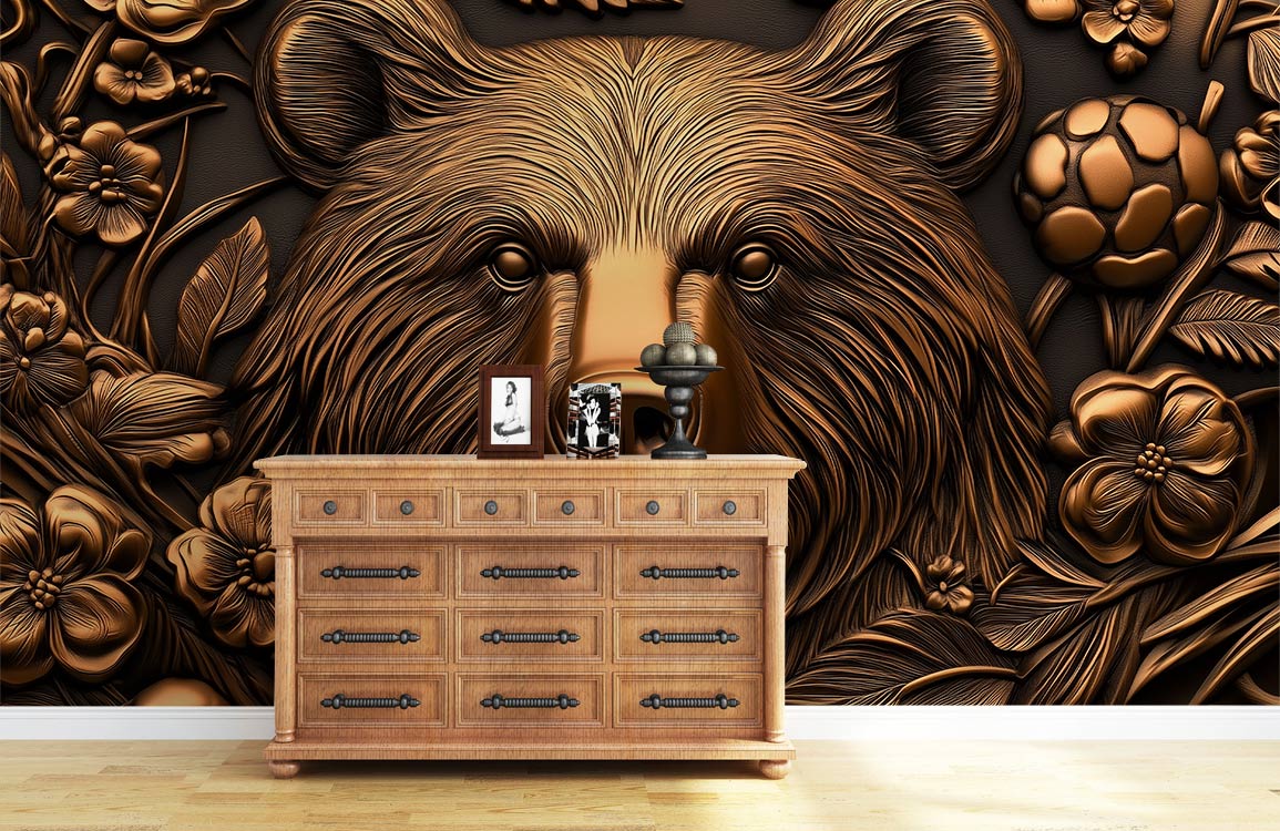 Gilded Woodland Bear Mural Wallpaper