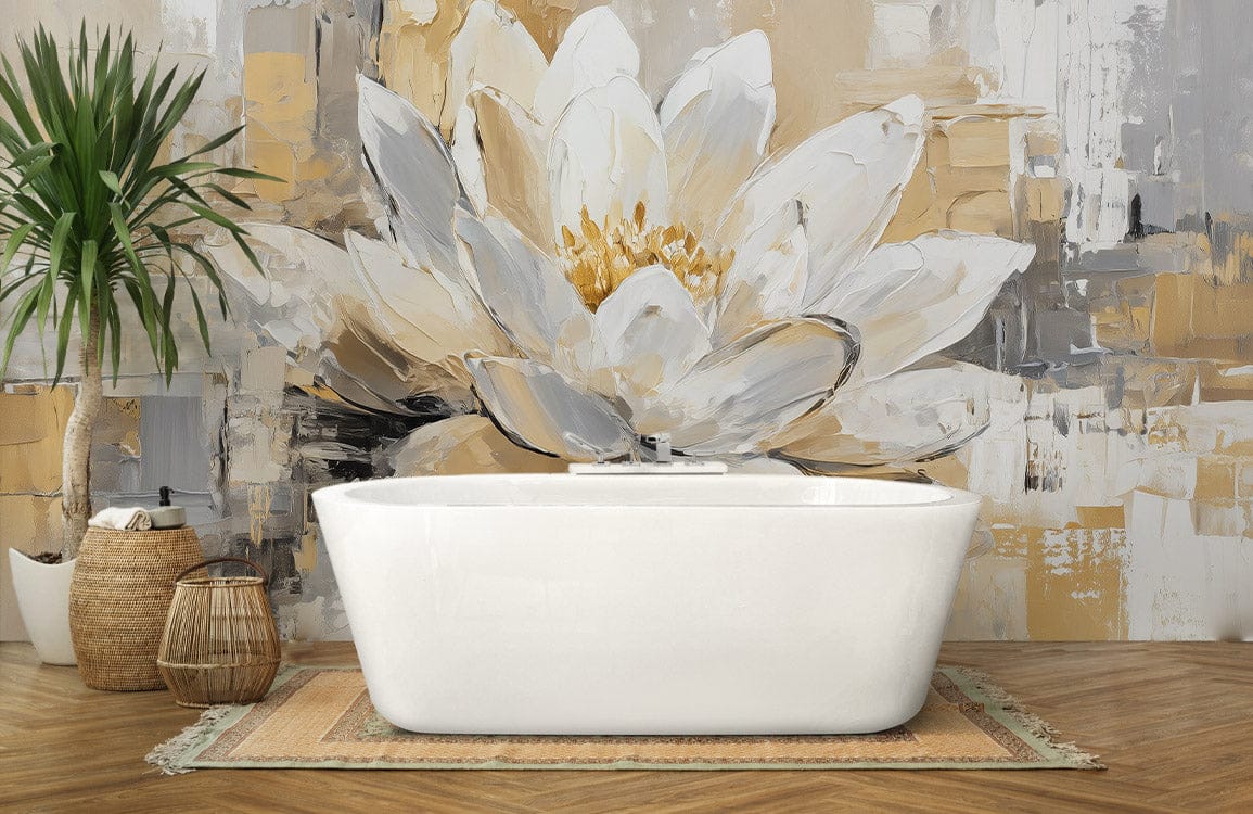 Golden Ivory Lotus Abstraction Mural Wallpaper