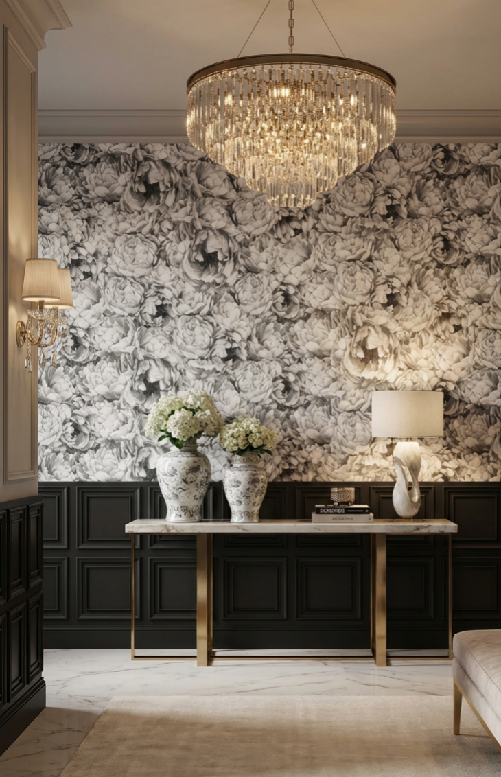 Vintage Grey Peony Pattern Wallpaper