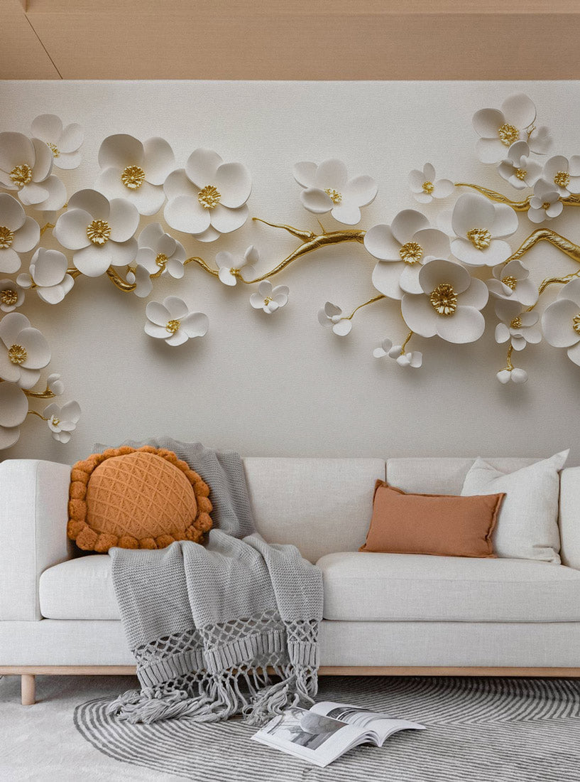 Ivory Blossom Gold Branch Mural Wallpaper