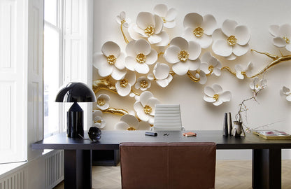 Ivory Blossom Gold Branch Mural Wallpaper