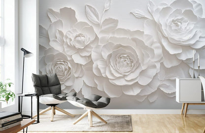 Ivory Paper Rose Relief Mural Wallpaper