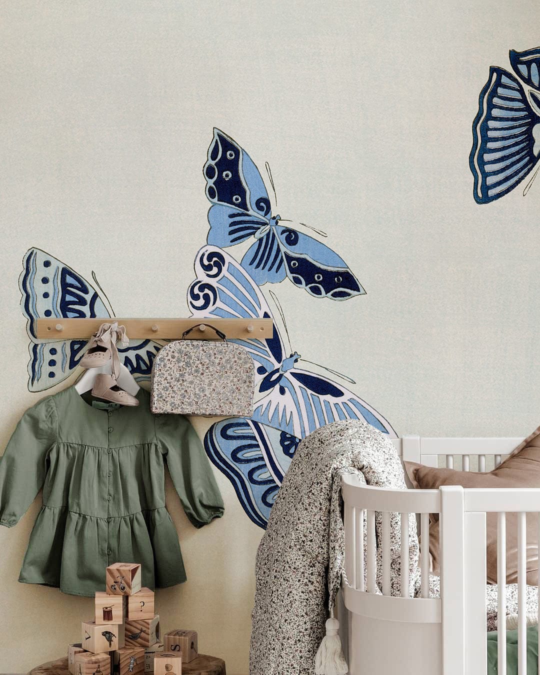 Blue Butterfly Patterned Bedroom Mural Wallpaper