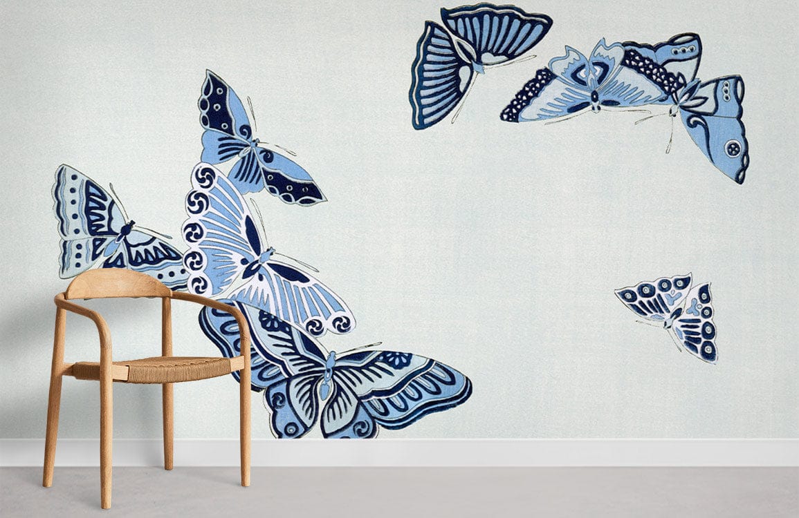 Blue Butterfly Patterned Bedroom Mural Wallpaper