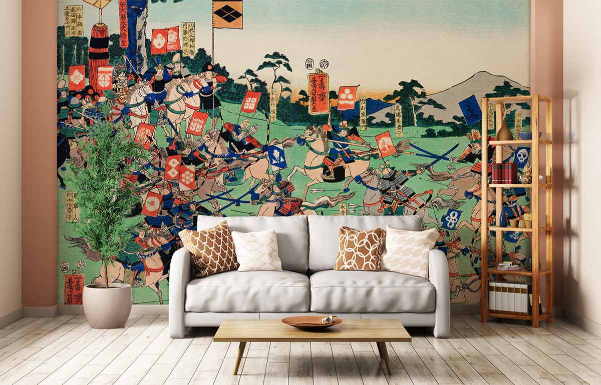 Vintage Japanese Samurai Battle Mural Wallpaper