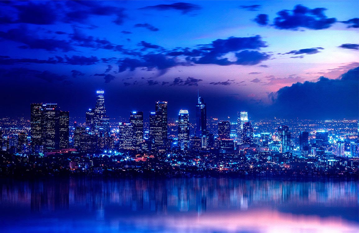 Blue Urban Skyline Reflective Mural Wallpaper