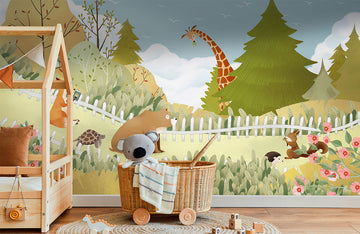 Cheerful Woodland Animal Pattern Mural Wallpaper