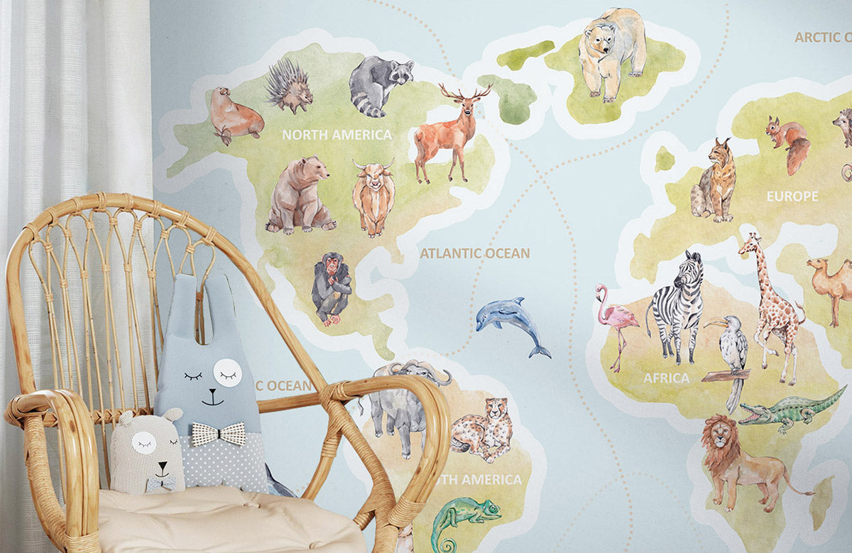 Animal World Map Nursery Mural Wallpaper