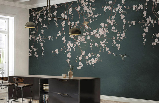 Elegant Floral Mural Wallpaper in Modern Bedroom, Dark Green Theme, Dark Furniture, Subtle Ceiling Lights.