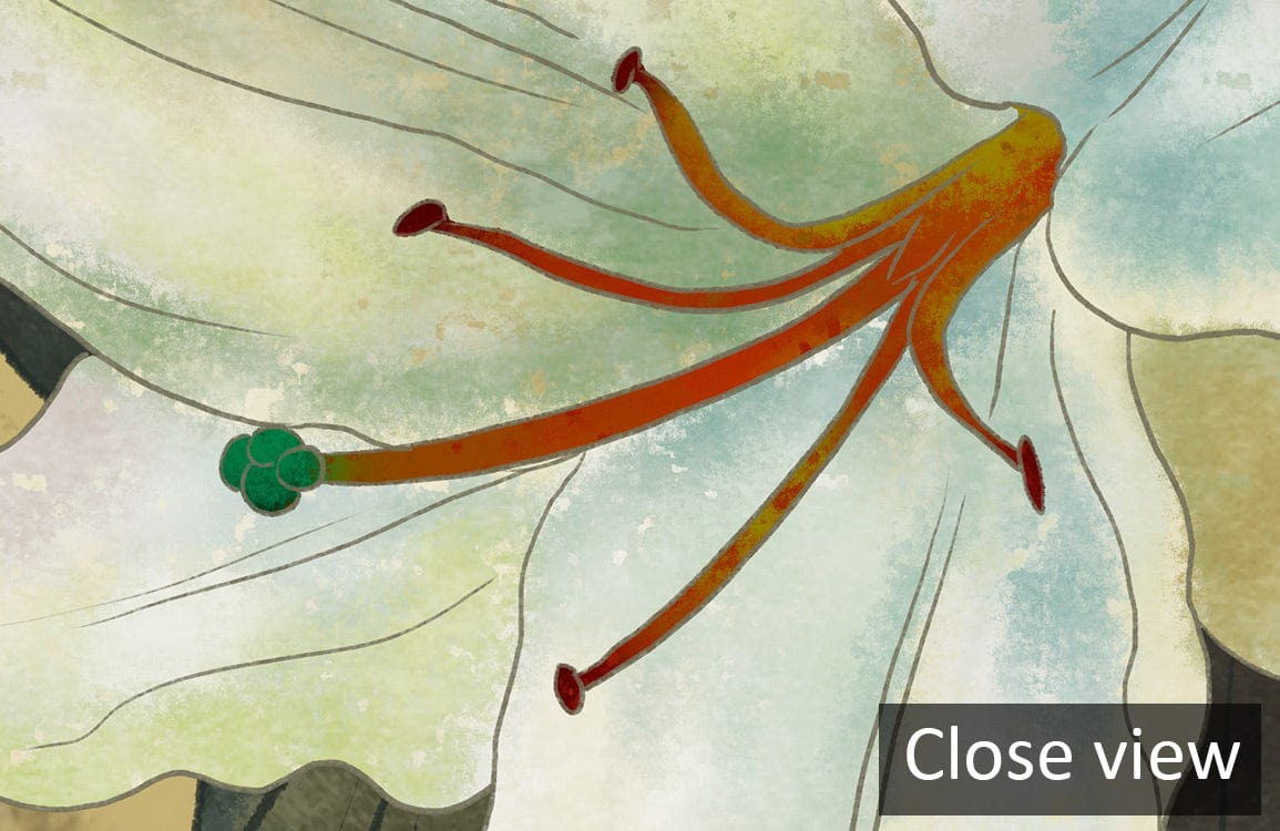 Close-up of Elegant White Lily Floral Watercolour Wallpaper showcasing intricate details and earthy tones.