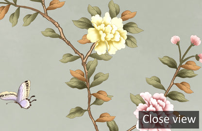 Golden Botanical Bird Garden Mural Wallpaper