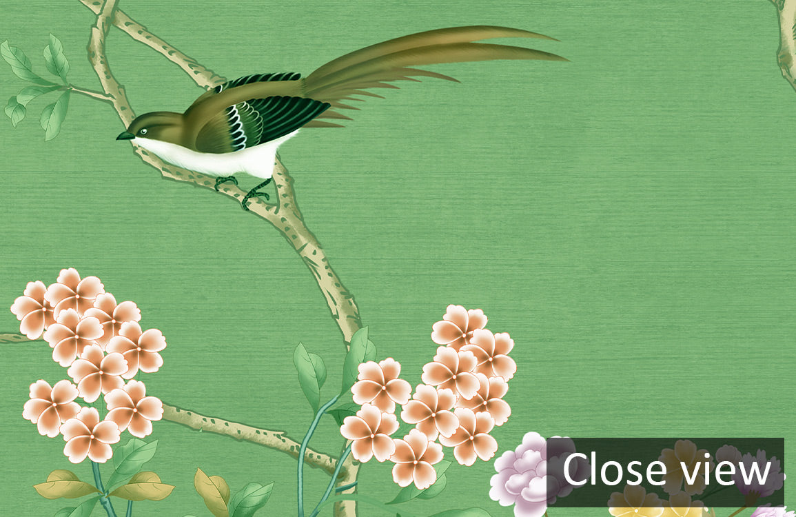 Green Floral Birds Chinoiserie Mural Wallpaper