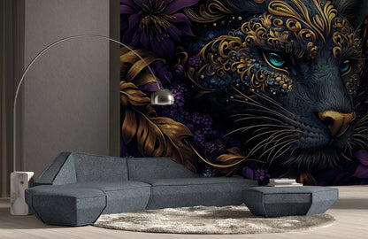 Midnight Orchid Panther Mural Wallpaper