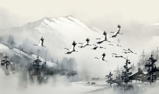 Misty Mountain Crane Flight Mural Wallpaper