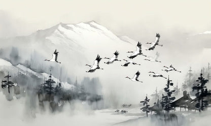 Misty Mountain Crane Flight Mural Wallpaper