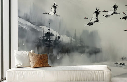 Misty Mountain Crane Flight Mural Wallpaper