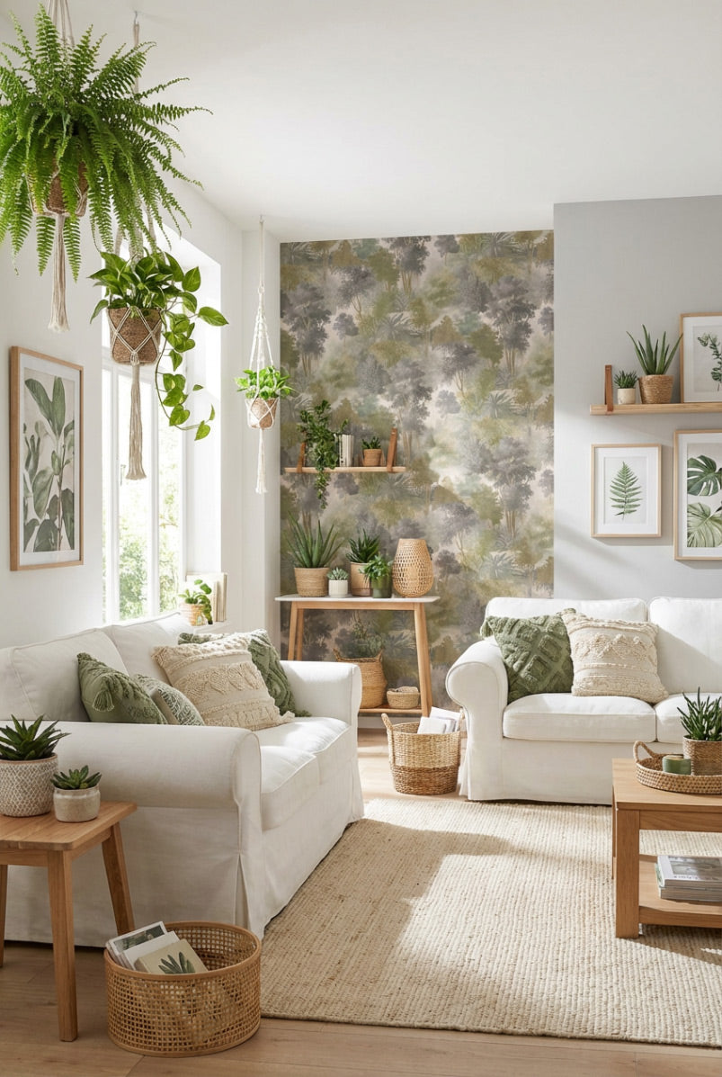 Misty Woodland Scenic Pattern Wallpaper