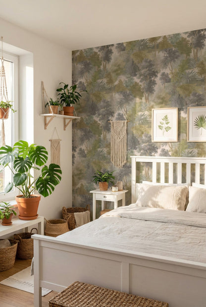 Misty Woodland Scenic Pattern Wallpaper