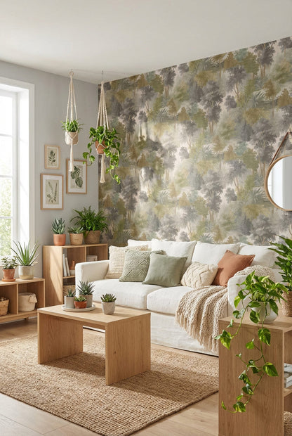 Misty Woodland Scenic Pattern Wallpaper