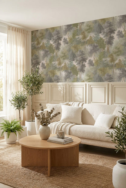 Misty Woodland Scenic Pattern Wallpaper