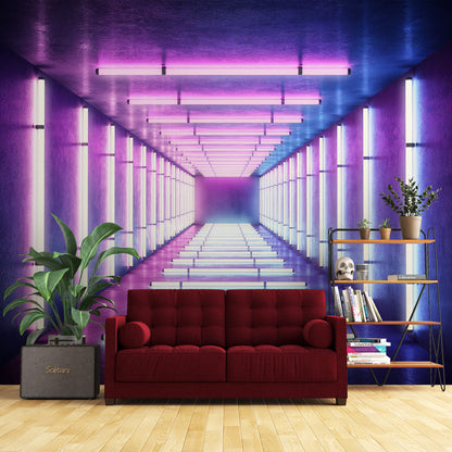 Vivid Neon Corridor Mural Wallpaper in living room