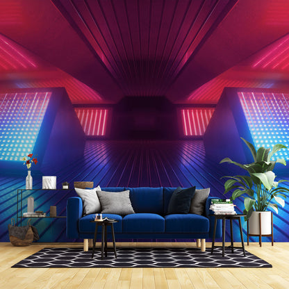 Neon Horizon Vortex Mural Wallpaper in living room