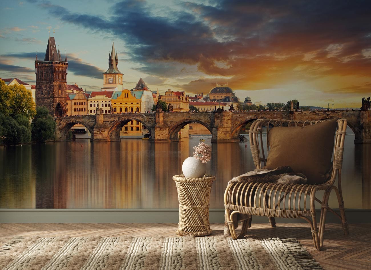 Sunset Cityscape Bridge Wall Mural