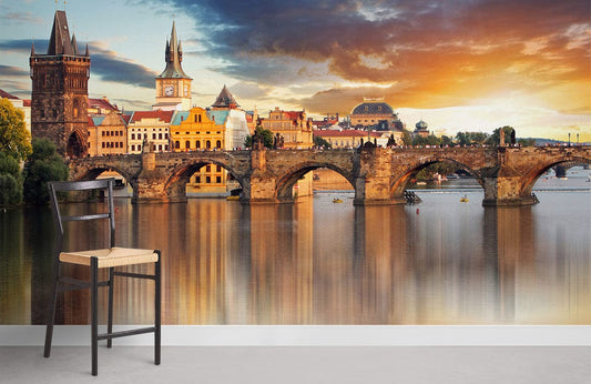 Sunset Cityscape Bridge Wall Mural