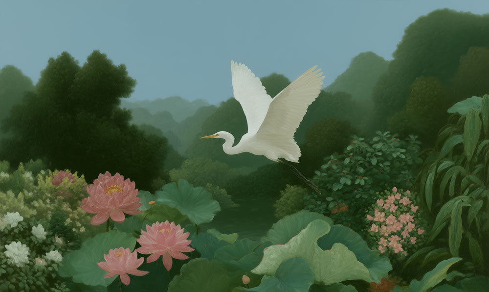 Serene Egret Garden Mural Wallpaper