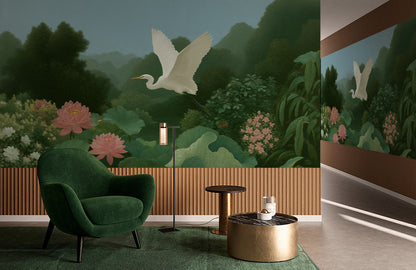 Serene Egret Garden Mural Wallpaper