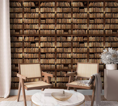 Wallpaper Mural with Bookshelf and Wood Effect for Use in Decorating Reading Rooms