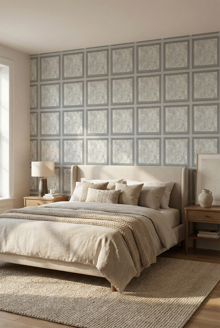 Silver Stone Grid Panel Mural Wallpaper
