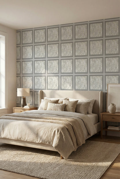 Silver Stone Grid Panel Mural Wallpaper