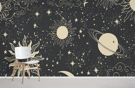 Celestial Sun Moon Star Mural Wallpaper