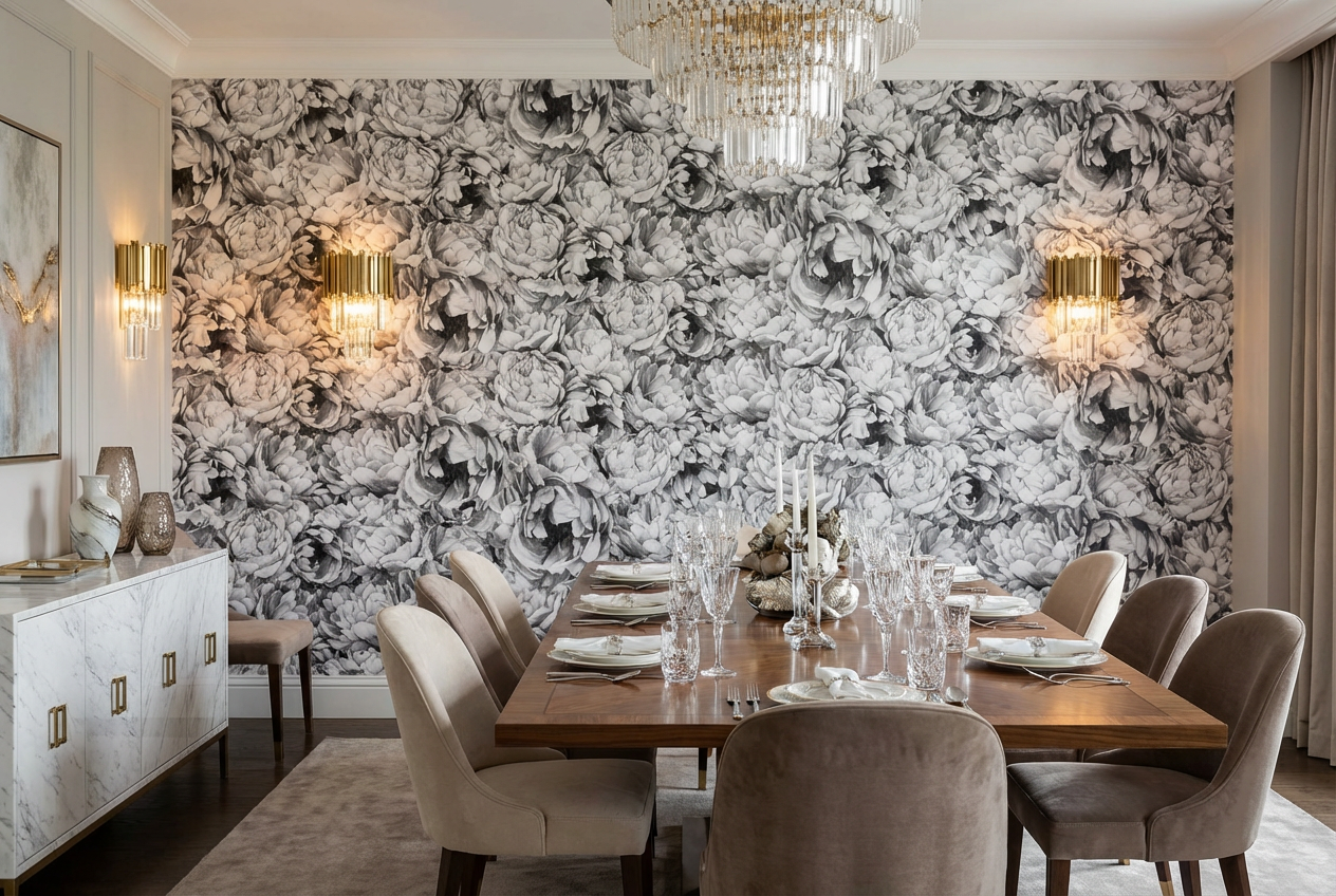 Vintage Grey Peony Pattern Wallpaper