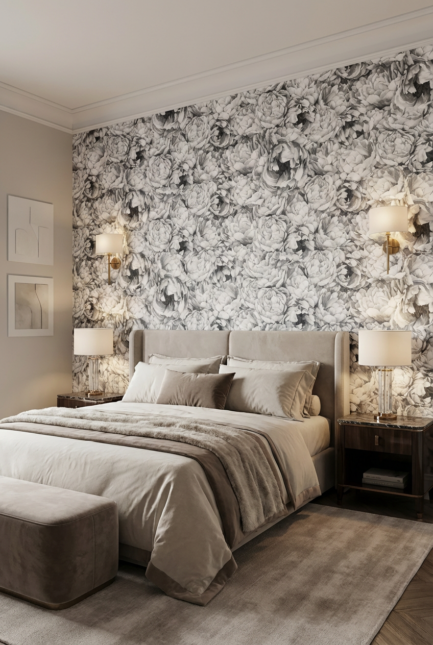 Vintage Grey Peony Pattern Wallpaper