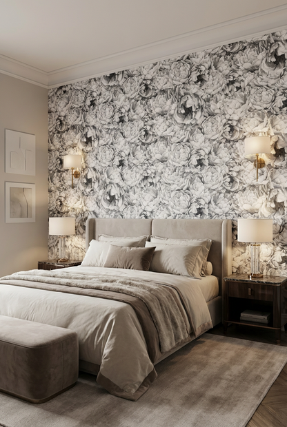 Vintage Grey Peony Pattern Wallpaper